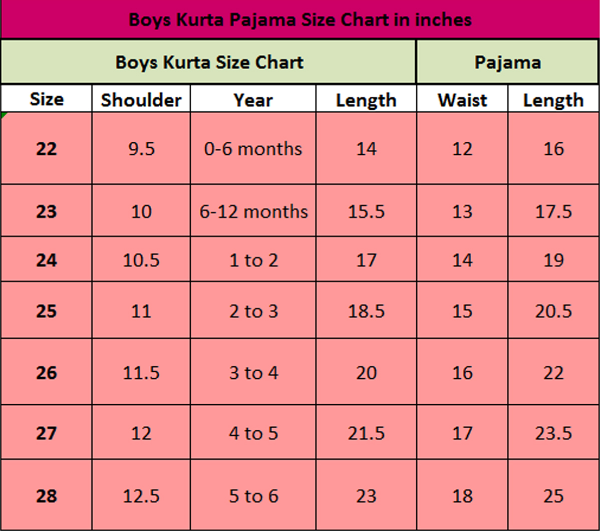 Size Chart For Pakistani Shalwar Kameez