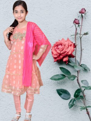 Pakistani Style Pink Frock dress Age from 4 to 12 years old girls with Organza Shirt Over Front Patch Work with Silk Trouser