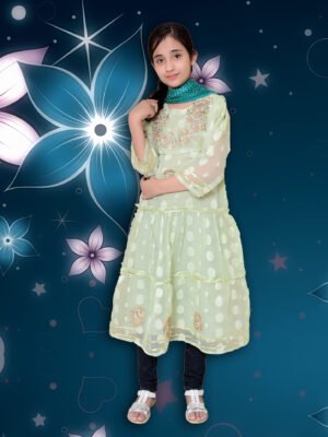 Indian/Pakistani style Girls Frock In Green Color Organza Shirt Over Front Patch Work with Silk Trouser Age From 5 To 14 year
