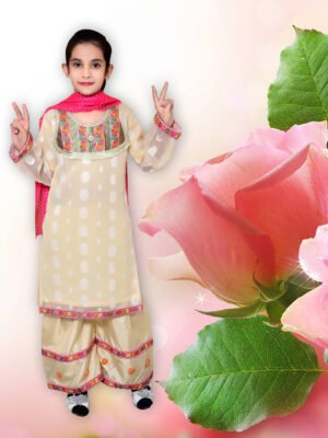 Pakistani/Indian style Age From 3 to 7 years Girls In Peach Color Neckline Embroidery Organza Kameez & Silk Sharara/Gharara