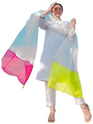 3-Pieces Pakistani/Indian Style Chicken Kari suit in Pure Cotton Fabric With Organza Dupatta And Plain Cotton Trouser