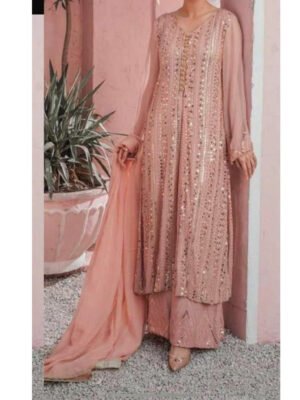 Pakistani / Indian Style Luxury evening Dress In chiffon Over Sequence Work Embroidery With Malai Trouser & Chiffon Dupatta