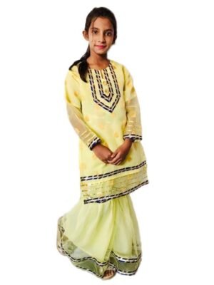 Yellow Color Pakistani/Indian Style Net Fabric Shirt With Silk Sharara over Laces For Girls From 4 To 15 years