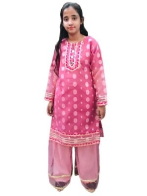 Pink Color Indian/Pakistani style Organza Fabric Shirt With Net Sharara/Gharara over Laces For Girls Age From 3 To 15 years