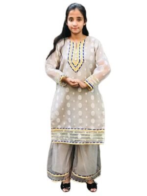 Pakistani/Indian Style Light Grey Color Net Fabric Shirt With Silk sharara set design over Laces For Girls From 4 To 15 years