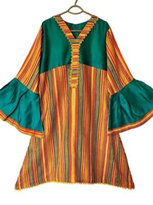 Pakistani/Indian Style In Multi Color In Marina Fabric Over Embellished With Laces At Front Neckline with Strips, Bottom of Sleeve and Daman