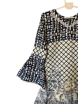 Pakistani/Indian Style In Printed Black Color Embellished With Laces At Neckline, Sleeve With Bell Bottom Style And Daman
