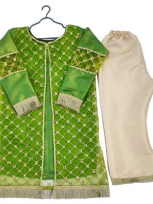 Green Color Indian/Pakistani style Net Fabric Over Embroidery Gown With Masonry Sharara For Girls Age from Four To fifteen years