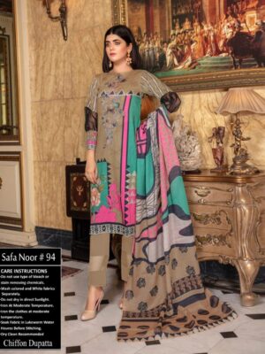 3 piece Safa Noor Lawn Suit Replica in grey color