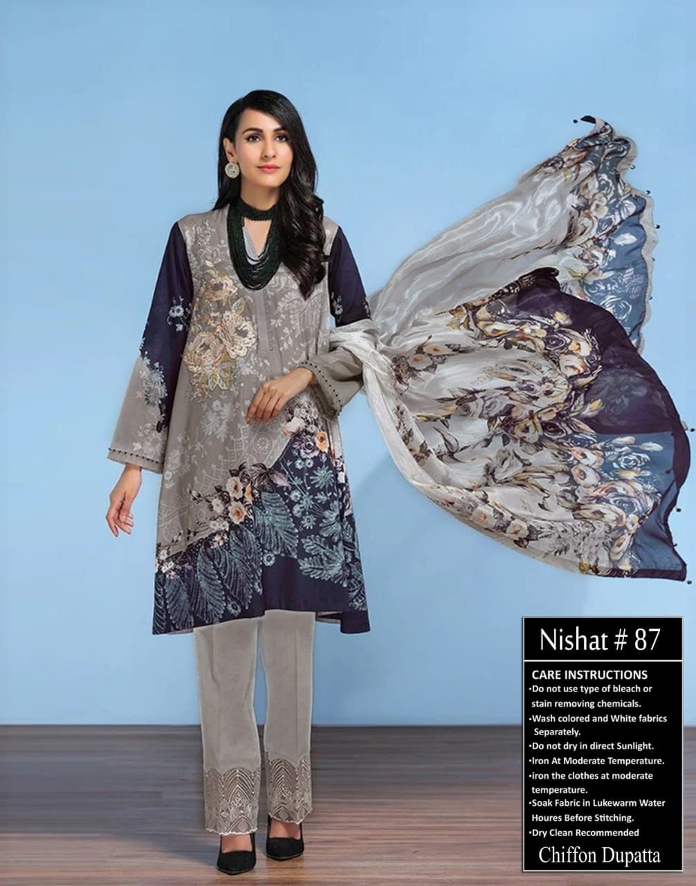 Grey Colored Nishat Replica Lawn Suit Pakistani