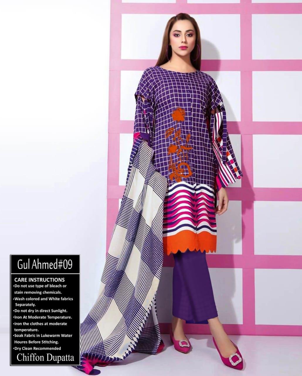 Purple colored 3 Piece Gul Ahmed Lawn Suit replica