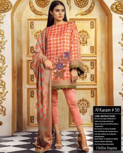 Yellow/Peach Colored Al Karam Lawn Suit Replica