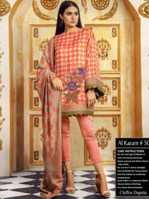 Yellow/Peach Colored Al Karam Lawn Suit Replica