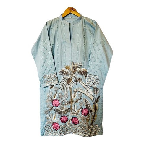 blue colored 2 piece ready to wear embroidered lawn suit
