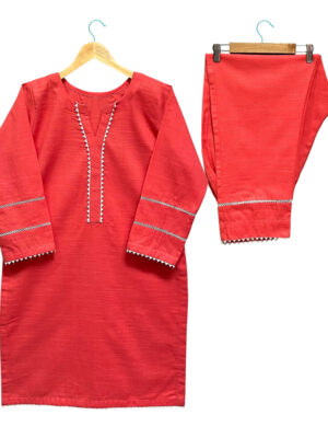 Coral Red Khaddar 2-Piece Suit with Embellishments