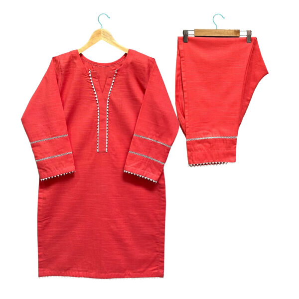 Coral Red Khaddar 2-Piece Suit with Embellishments