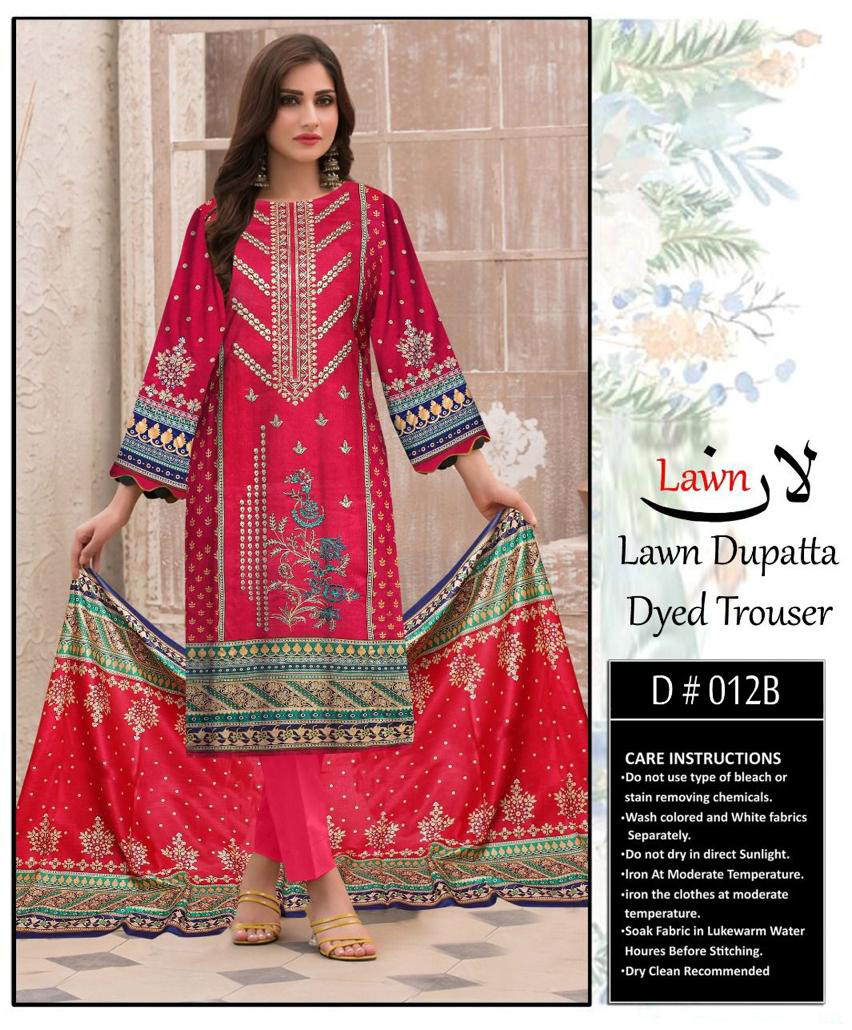 Red Pink Embroidered 3 Piece Lawn Suits Pakistan