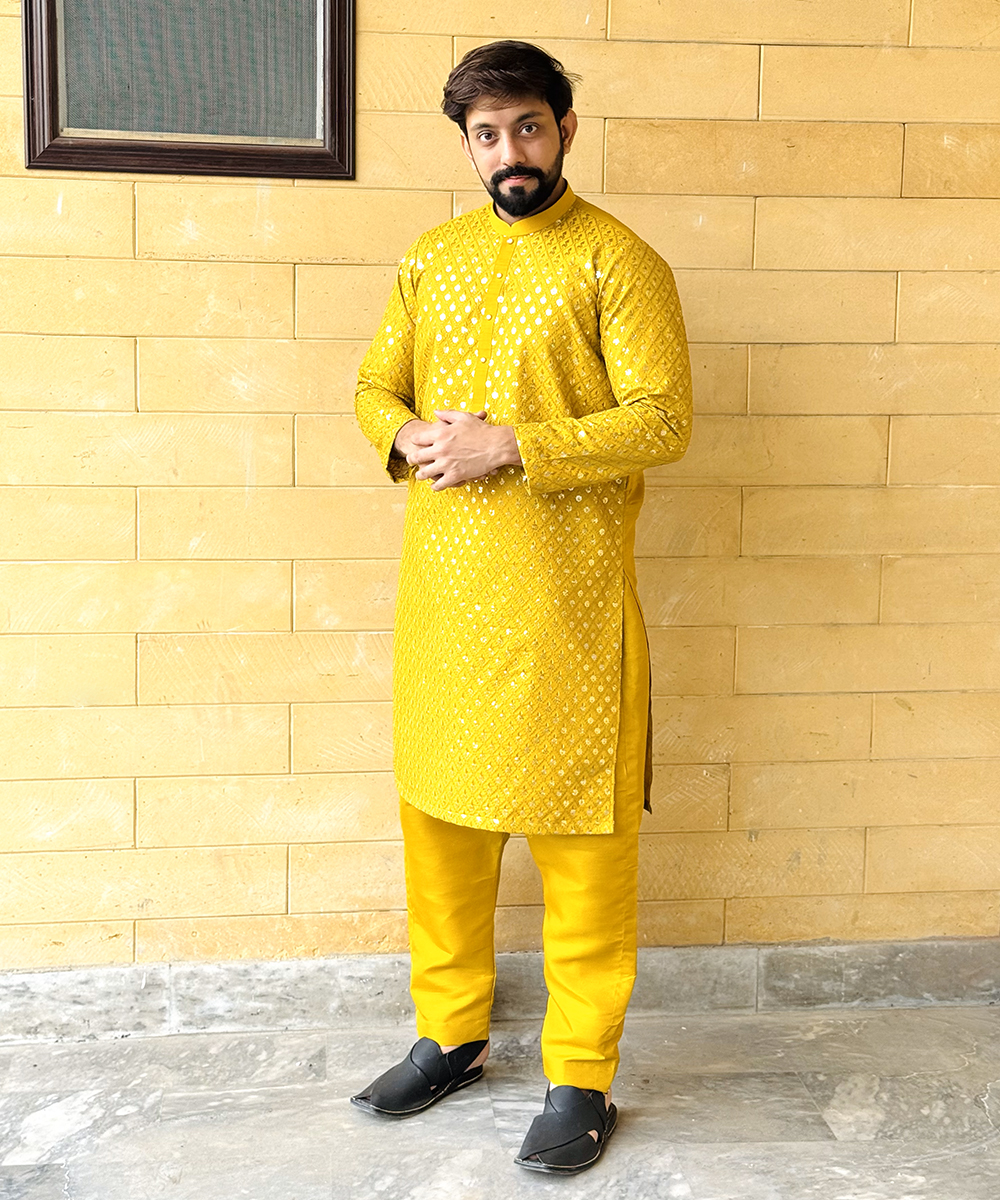 Dull Yellow pakistani mens kurta pajama