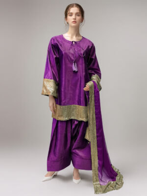 Purple Wholesale Katan Silk 3pc Suit with Farshi Shalwar