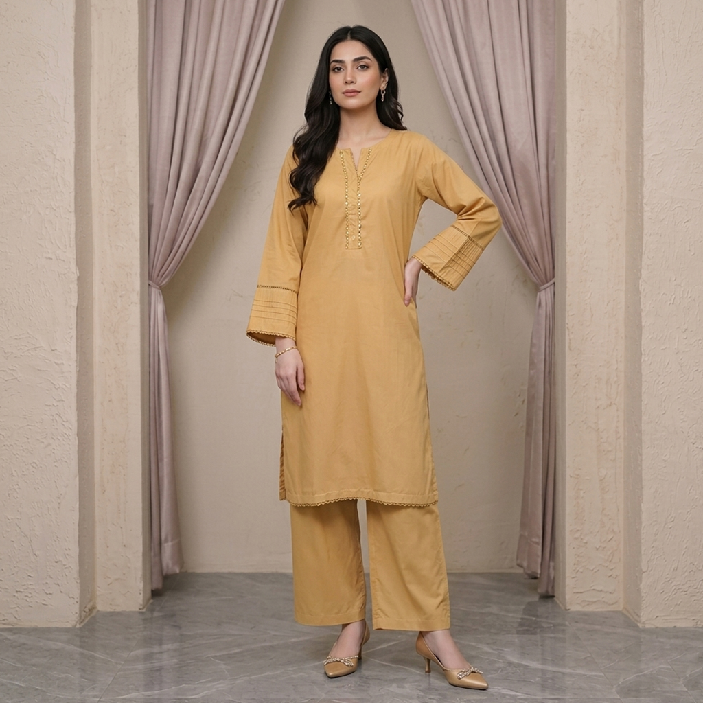 Deep Peach Stitched Linen Co Ord Sets