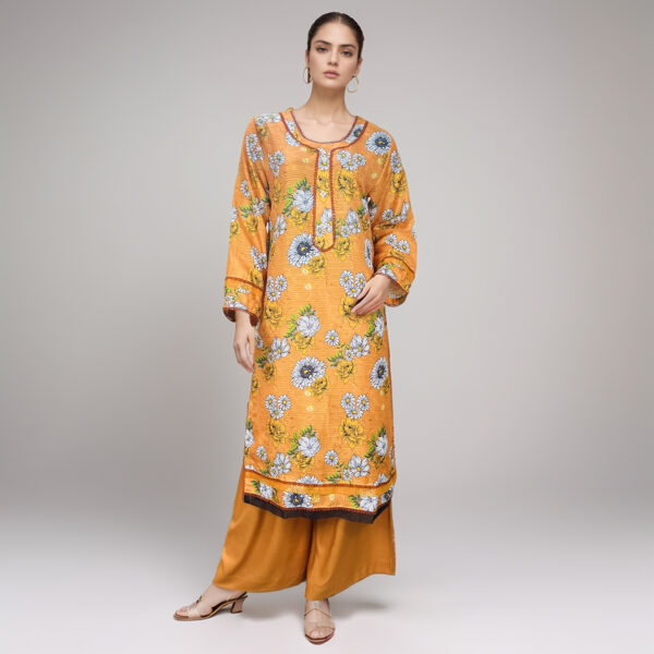 Dull orange printed Linen Suits Wholesale