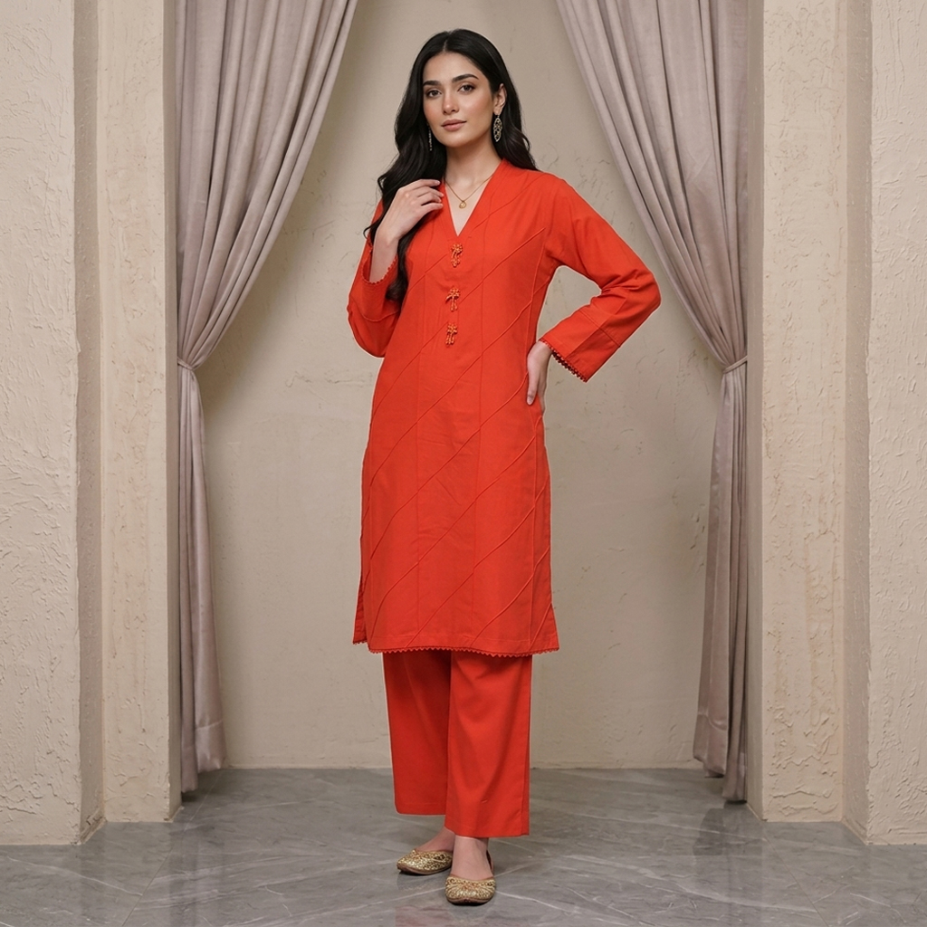 Orangy Red Designer Linen Co Ord Set Wholesale