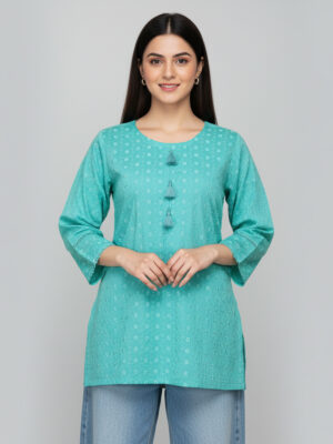 Cyan Embroidered Short Chikankari Kurti