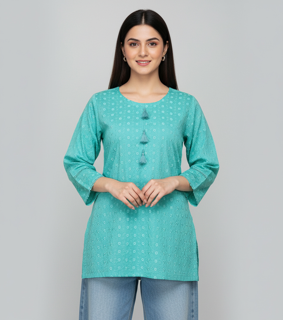 Cyan Embroidered Short Chikankari Kurti