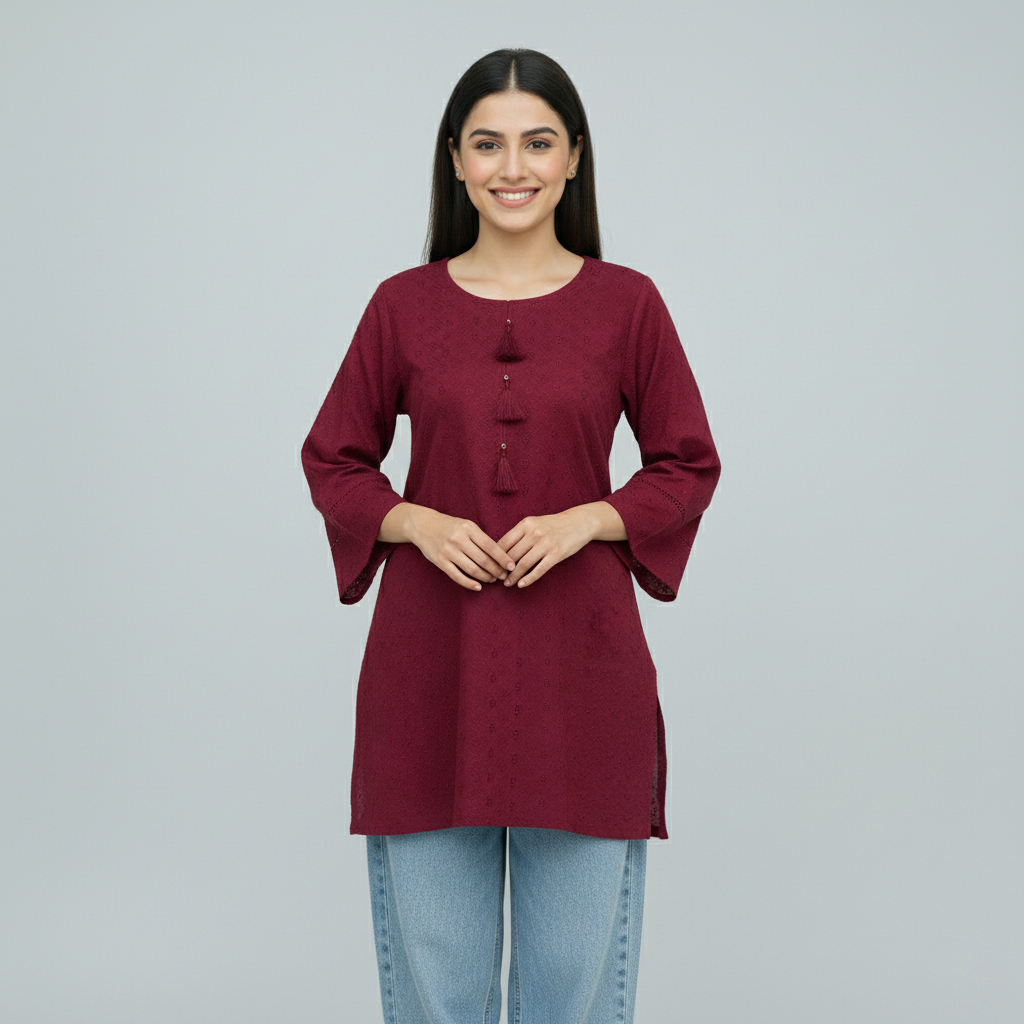 Mehroon Short Chikankari Kurti for Women