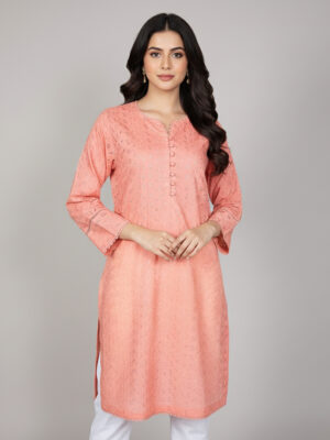 Pink Long Pakistani Chikankari Embroidered Kurti