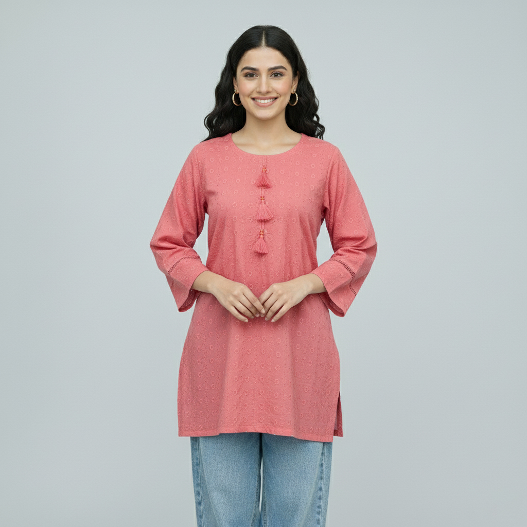 Tulip Pink Cotton Short Chikankari Kurti