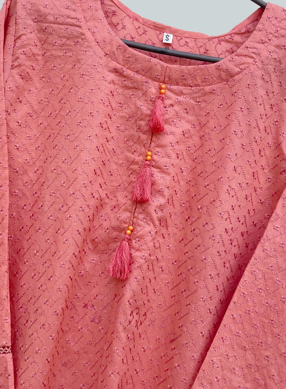 Tulip Pink cotton short chikankari kurti