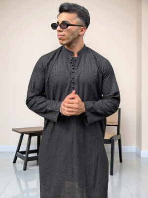 black Chikankari embroidered mens kurta