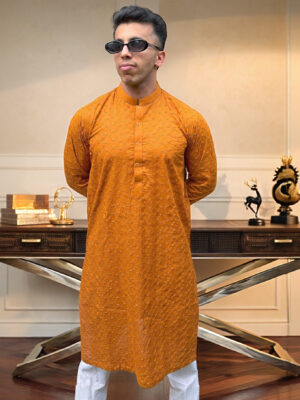 dark mustard Chikankari kurta mens wear