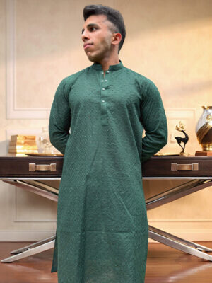 green Chikankari embroidered mens kurta