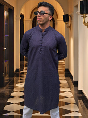 navy blue Mens kurta with chikankari embroidery