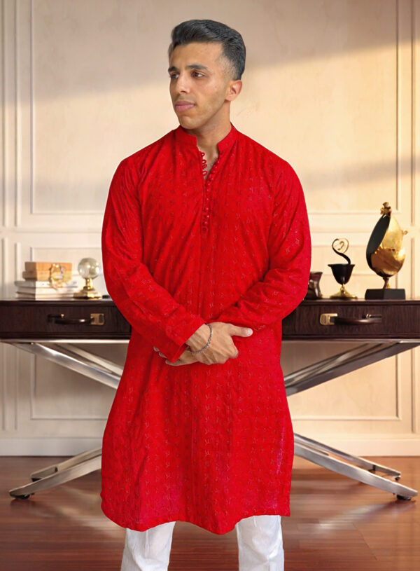 orange Chikankari kurta design for men