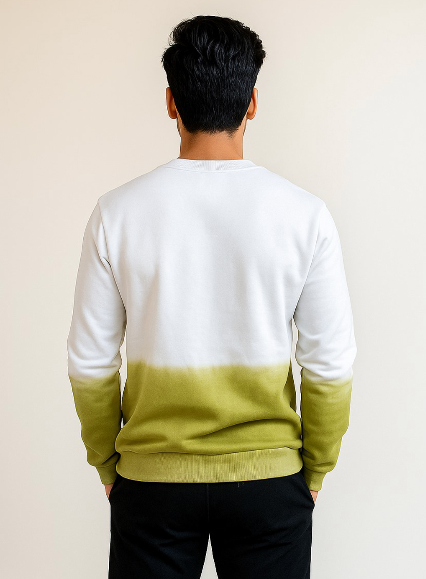 men’s cotton tie dye sweatshirt in White & Olive Green Ombre