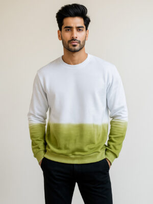men’s cotton tie dye sweatshirt in White & Olive Green Ombre