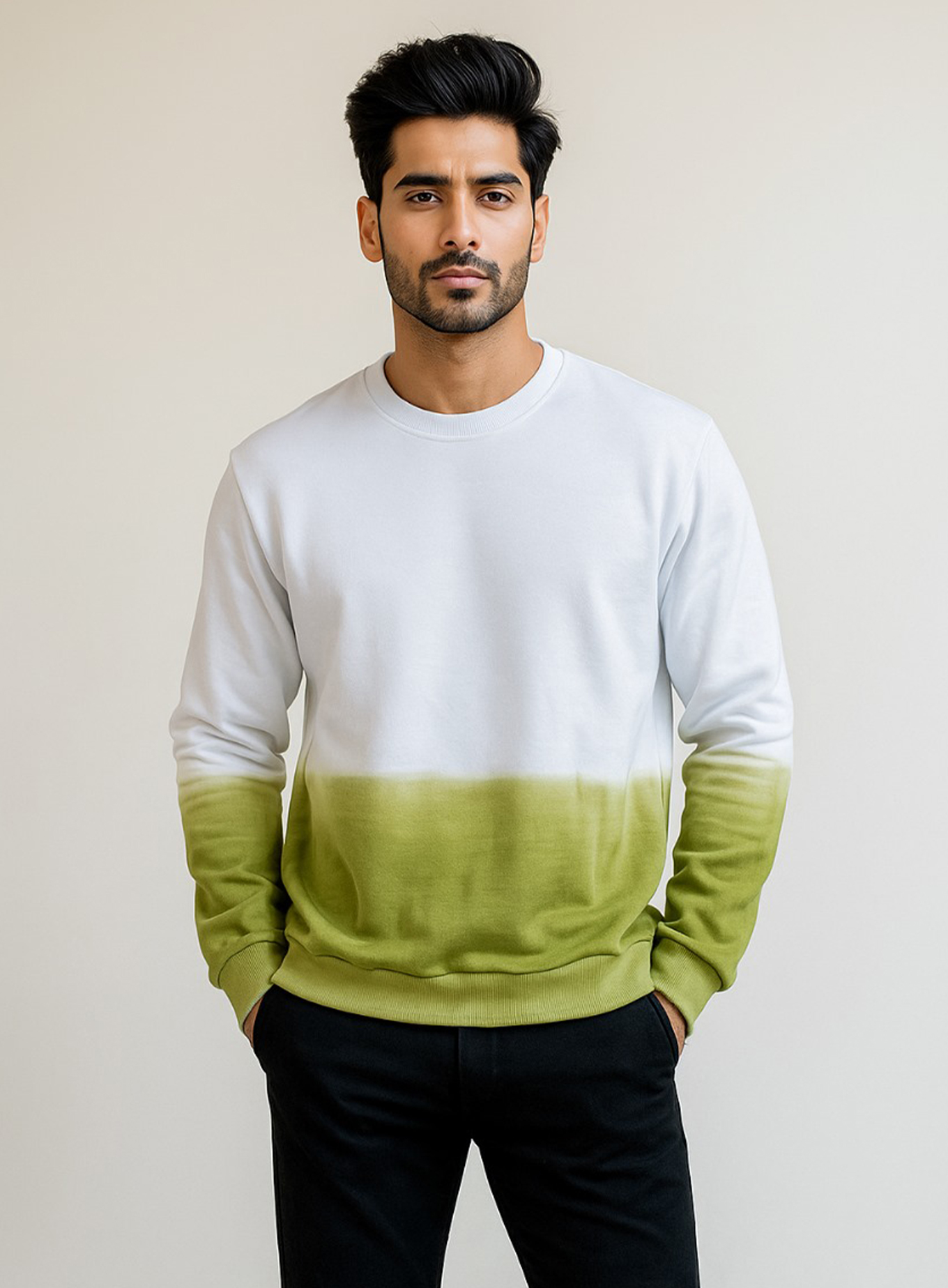 men’s cotton tie dye sweatshirt in White & Olive Green Ombre