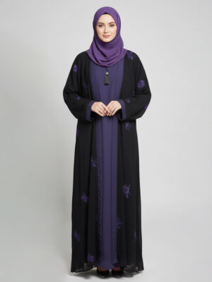 Black - Purple Embroidered Front Open Wholesale Abaya