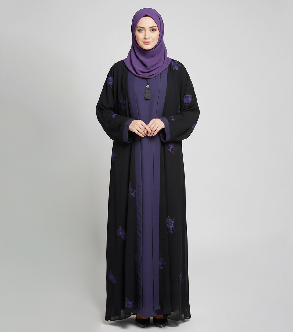 Black - Purple Embroidered Front Open Wholesale Abaya