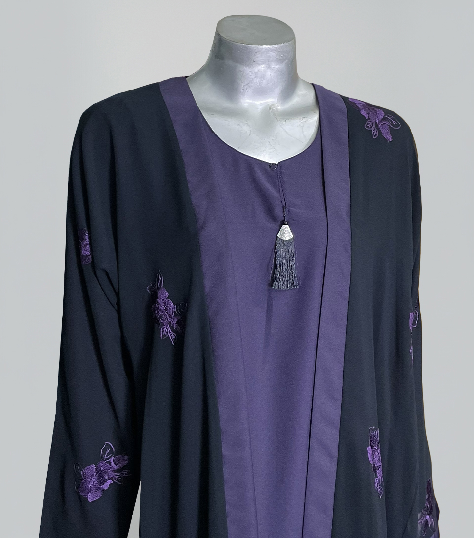 Black - Purple Embroidered Front Open Wholesale Abaya
