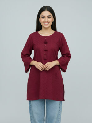Mehroon short lenght chikankari kurtis wholesale