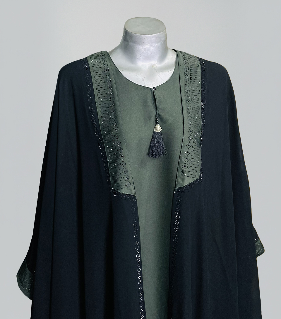 Olive - Black front open fancy wholesale abaya