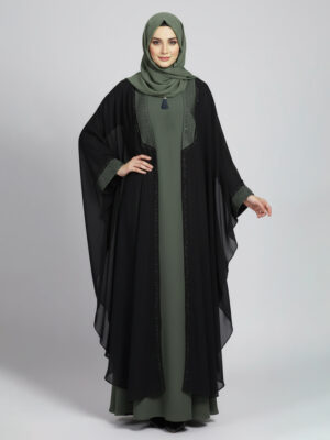 Olive - Black front open fancy wholesale abaya