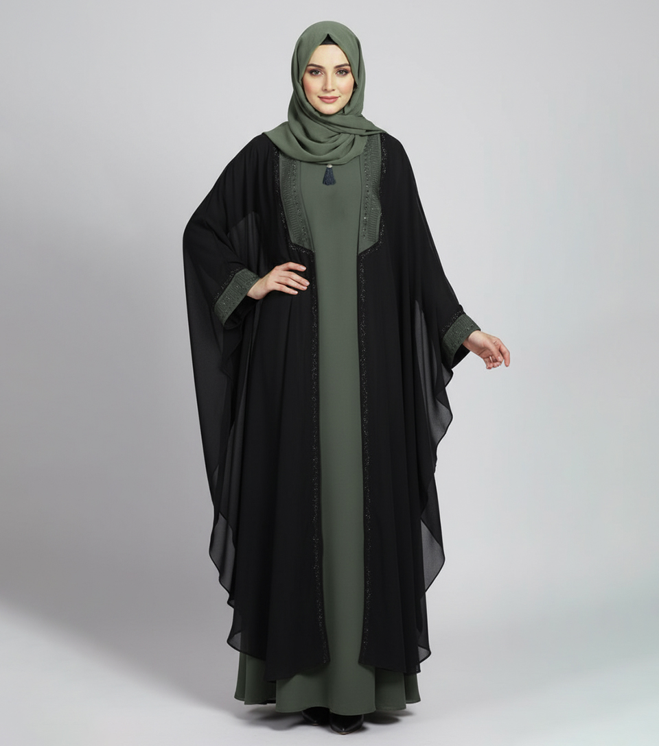 Olive - Black front open fancy wholesale abaya