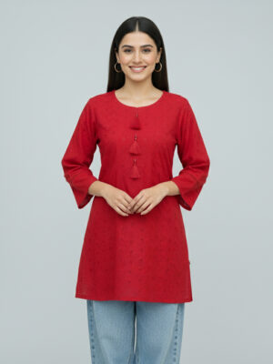 Red short length chikankari kurta wholesale