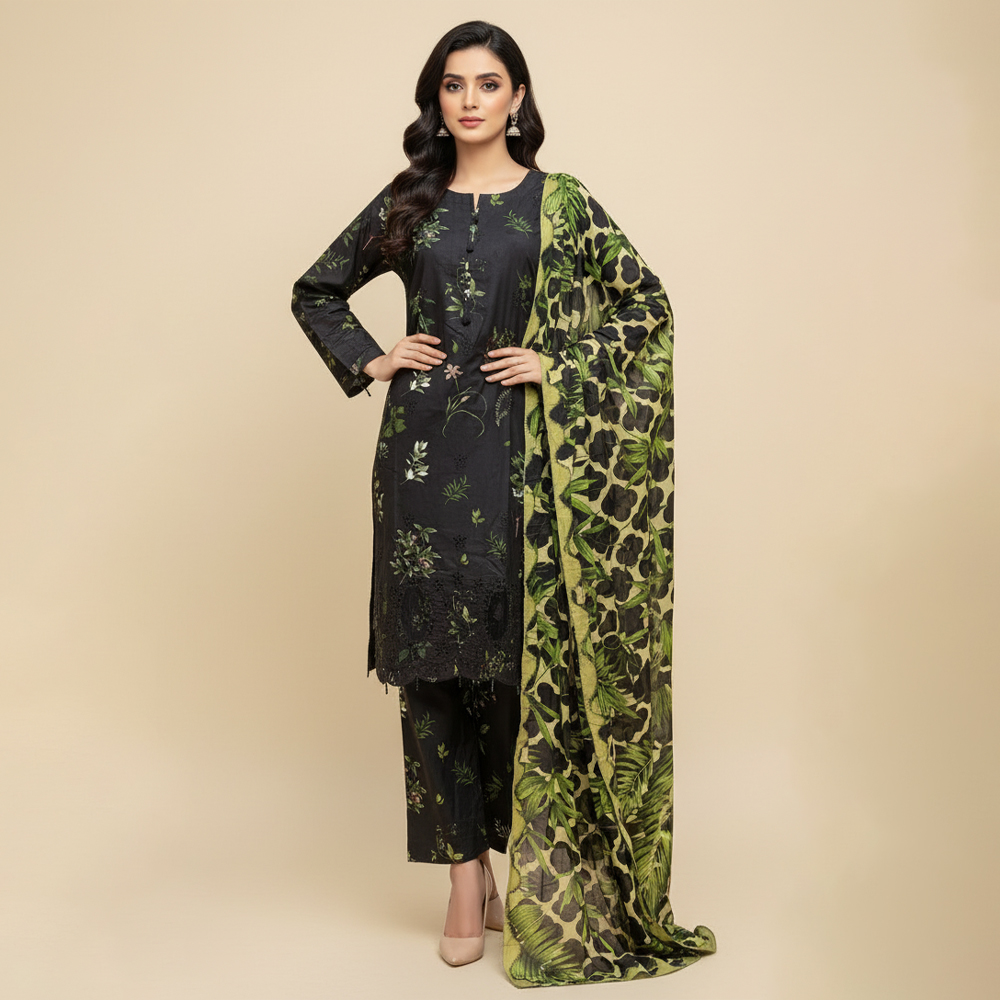 Black wholesale embroidered linen 3pc suits for ladies