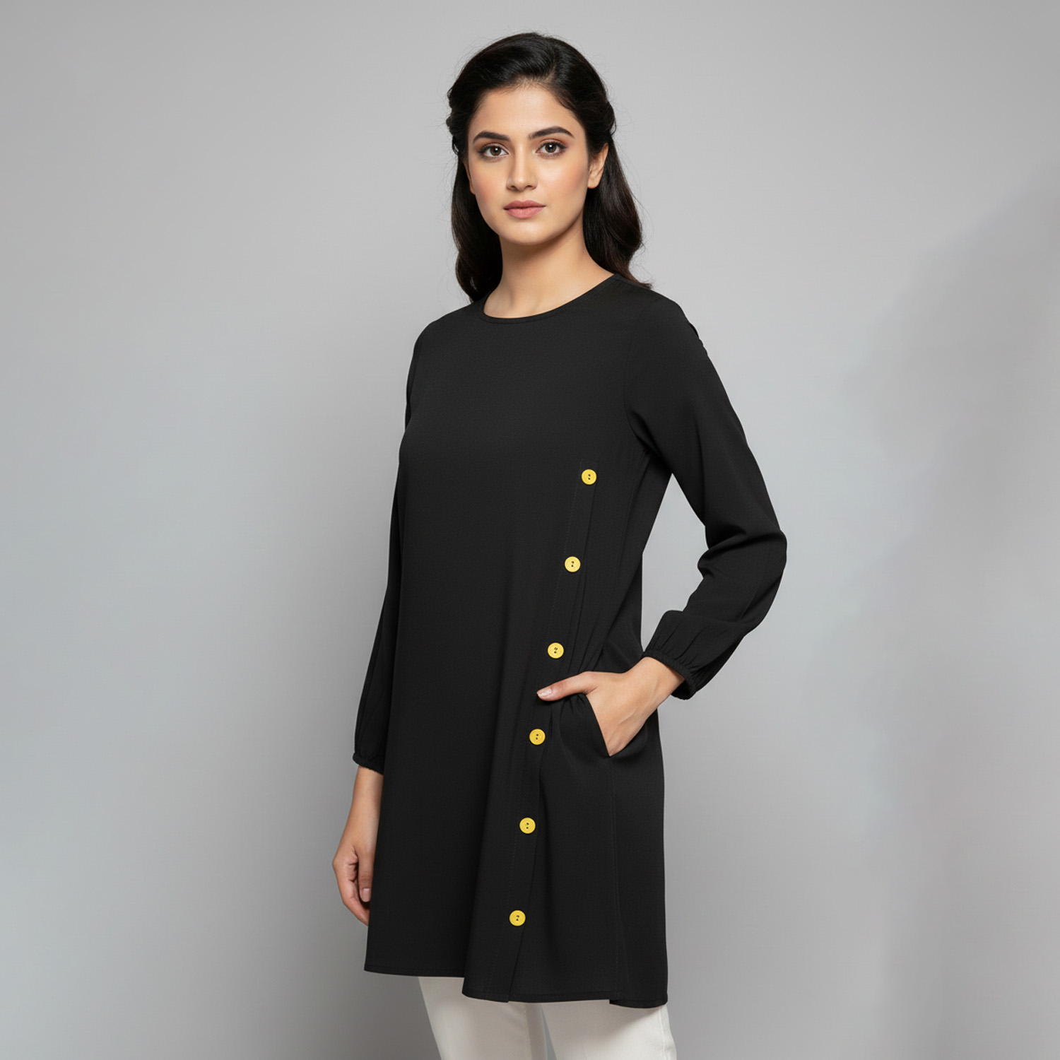 Classic black women's wholesale tunic top with side pocket UK